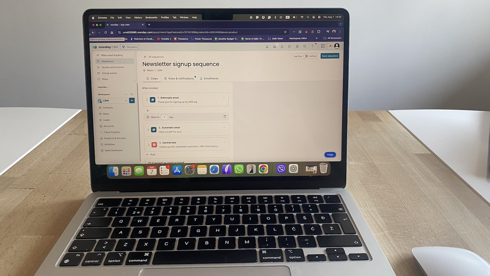 Newsletter signup sequence builder in Monday CRM, showing automated email steps and task rules for new subscribers.