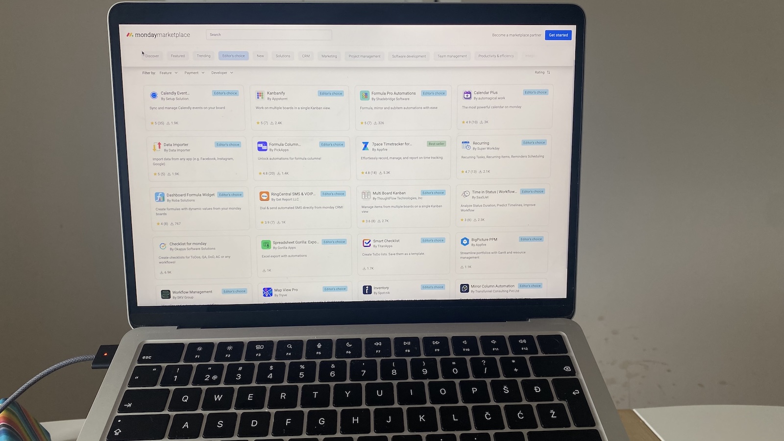 monday CRM integrations page showing available third-party apps like Calendly, RingCentral, and Google integrations
