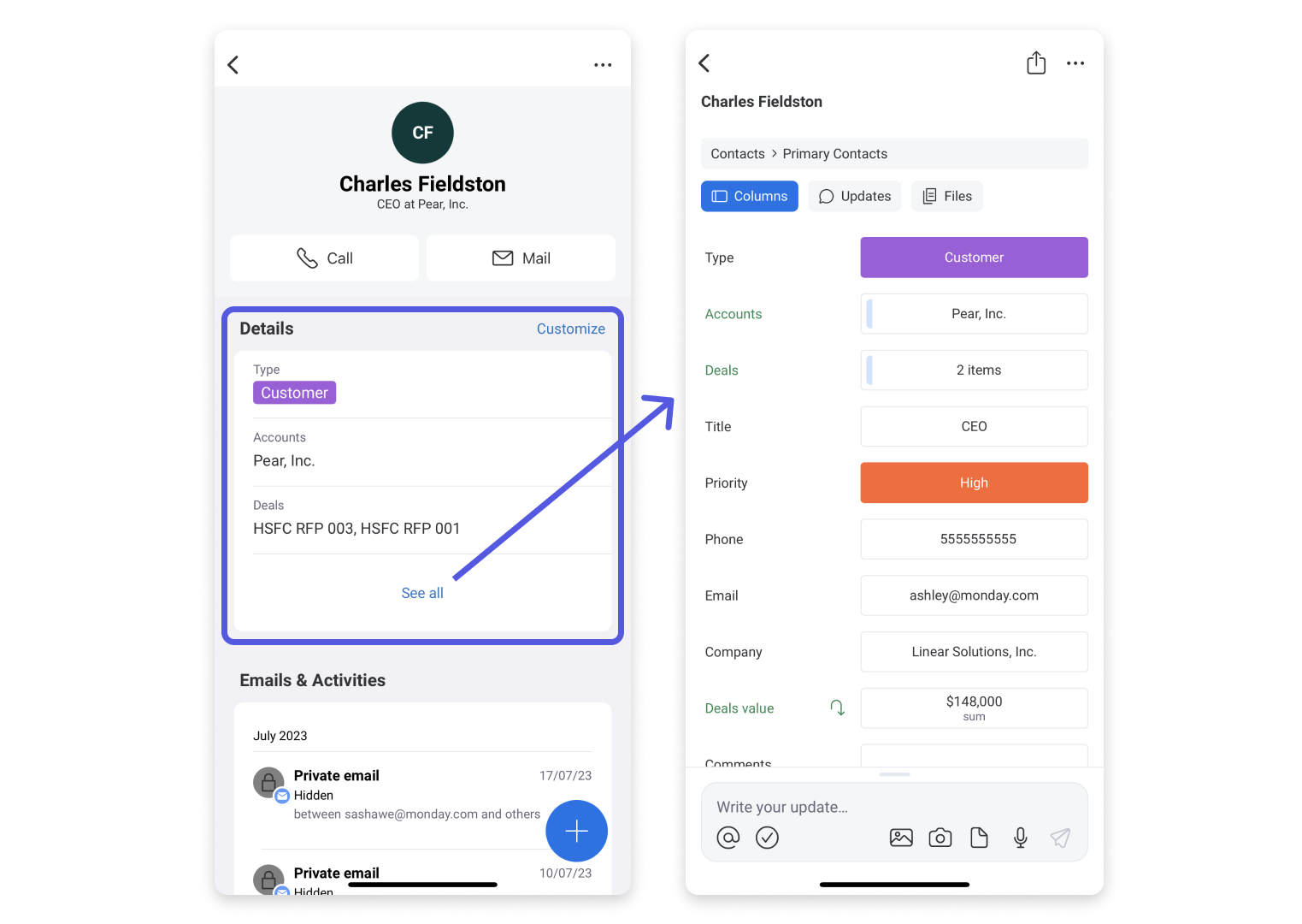 Monday CRM mobile app contact view showing Charles Fieldston’s profile, with details on accounts, deals, and high-priority status.