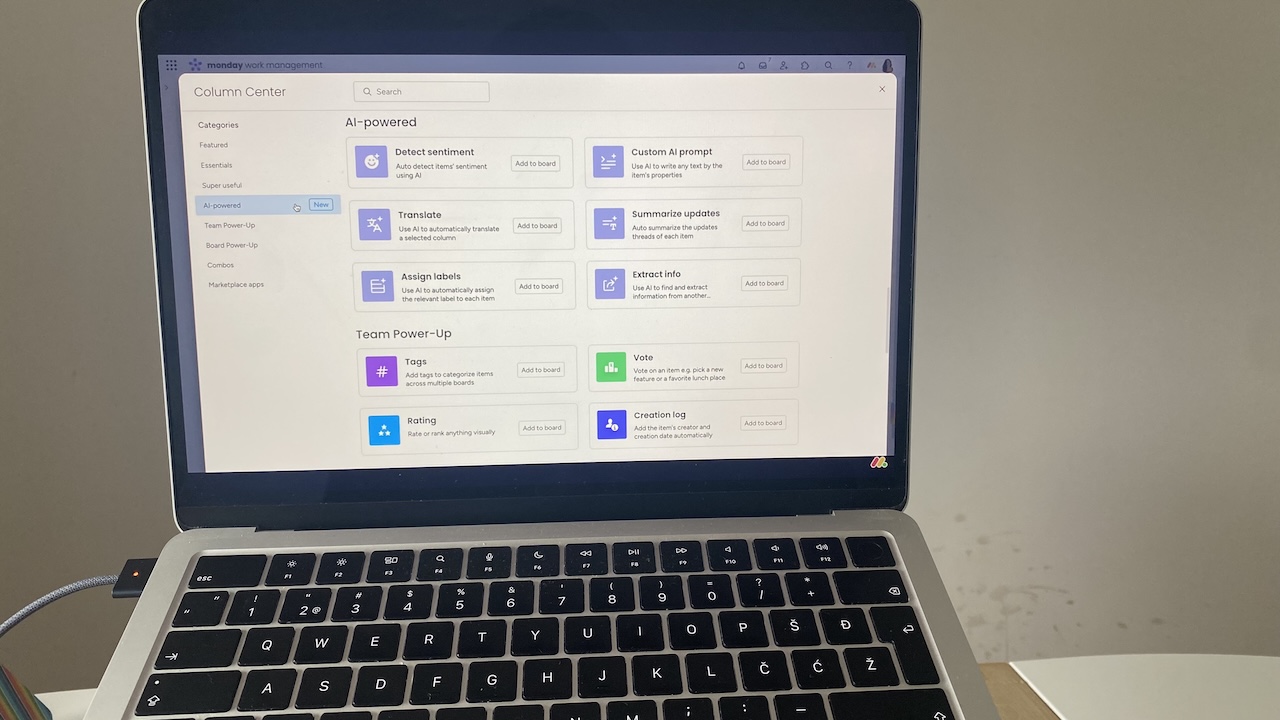 AI-powered column options in monday.com CRM’s Column Center, with tools like sentiment detection, summarization, and translation.