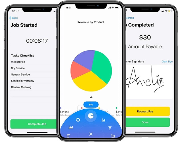 Zoho CRM mobile app with task timer, revenue pie chart, and completed job summary with payment and signature options.